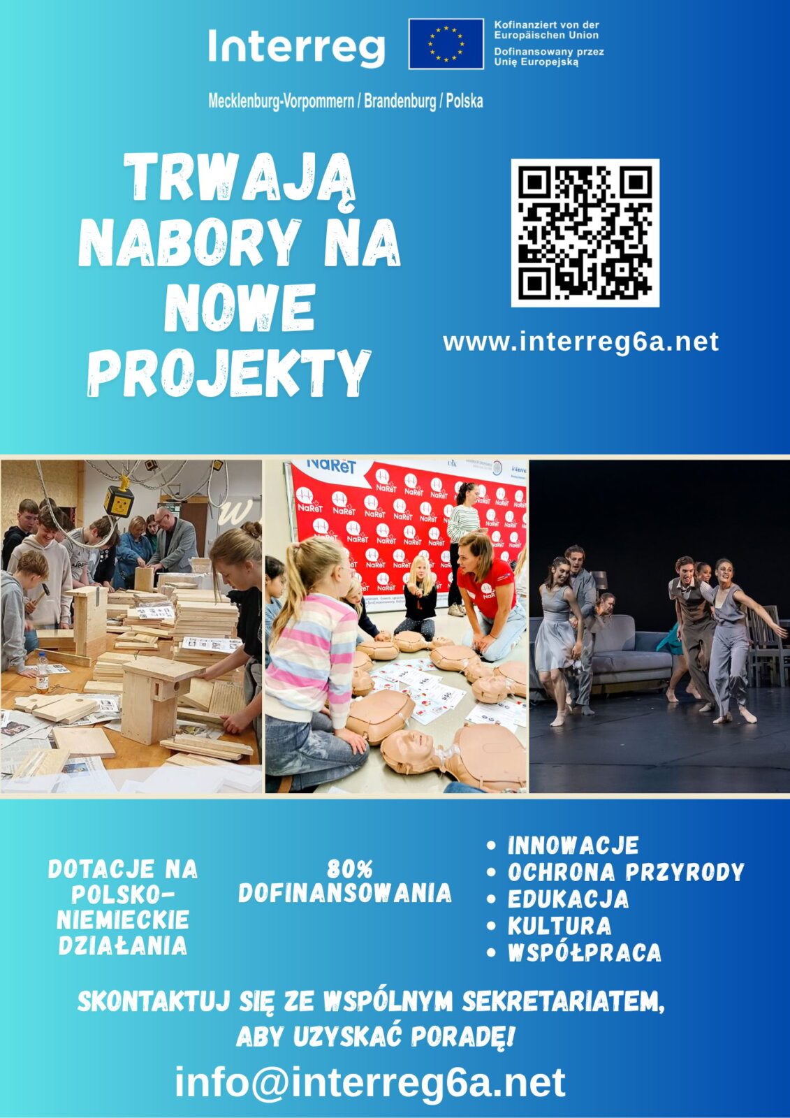 Plakat promujący nabory na nowe projekty Interreg VIA Meklemburgia-Pomorze Przednie / Brandenburgia / Polska 2021-2027